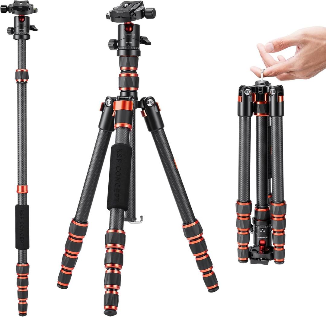 K&F Concept 60 inch Carbon Fiber Camera Tripod,Super Lightweight Compact Travel Tripod with 360 Degree Ball Head,Quick Release Plate,Detachable Monopod 8KG Load Capacity for SLR DSLR C225C0 (BA225)