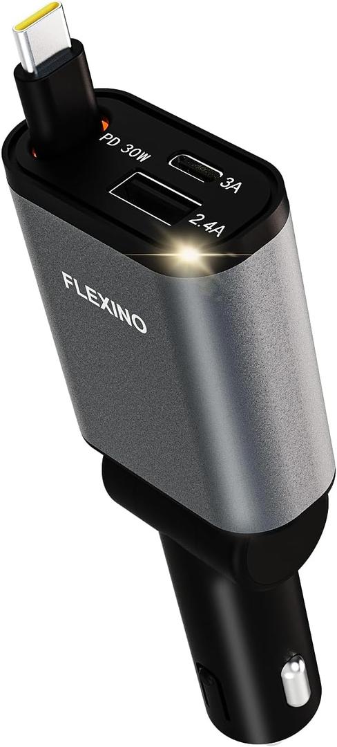 Flexino Ultra-Slim Retractable Car Charger for iPhone 17, Fast Charging Car Chargers, USB C Car Charger, Cigarette Lighter Adapter for iPhone 17/16/15/14/13/12 Series, Galaxy, Dark Gray, 1 Pack