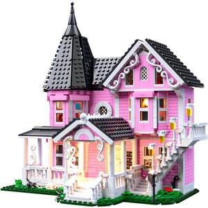 Pink Palace House Building Set with Lights, Halloween Haunted House Blocks Toy, Halloween House Kit for Kids Adults, Compatible with Lego, Christmas for Girls and Boys, Aged 8+ (1349PCS)