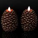 Wondise Flameless Candles with Timer, Battery Operated Flickering Wick Real Wax Pine Cone Candles for Holiday Indoor Decoration, Set of 2, Brown(D3.5 x H4.7 Inch)