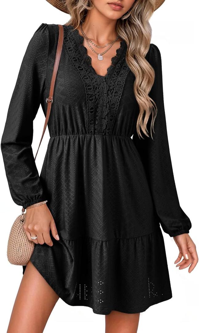 Dokotoo Fall Dresses for Women 2025 Elegant Lace Hollow Out Embroidered V Neck Long Sleeve Casual A-Line Swing Mini Dress S
