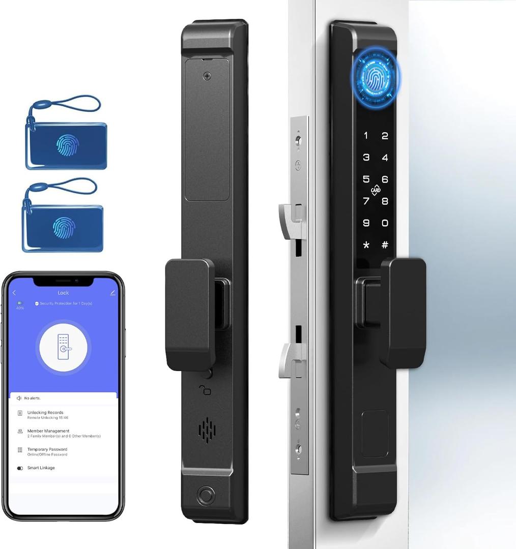 Sliding Glass Door Lock, Dhiedas Sliding Door Smart Lock with Fingerprint RFID Keypad Bluetooth App Electronic Digital Biometric Safety Patio Door Double Hook Slim Mortise Lock Set with Handle