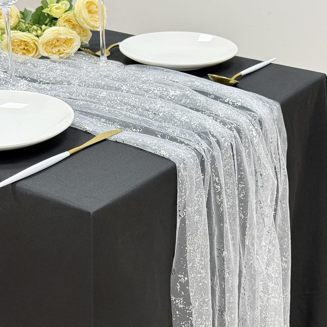 AerWo 4 Pcs Silver Table Runner 10FT, Boho Foil Glitter Sheer Sequin Table Runners 120 Inches Long, Wedding Centerpiece Table Decorations for Party Supplies Birthday Christmas Runners Decorations