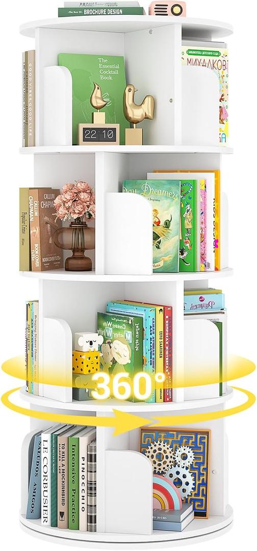 4 Tier Rotating Bookshelf, 360 Spinning Bookcase Tower, White