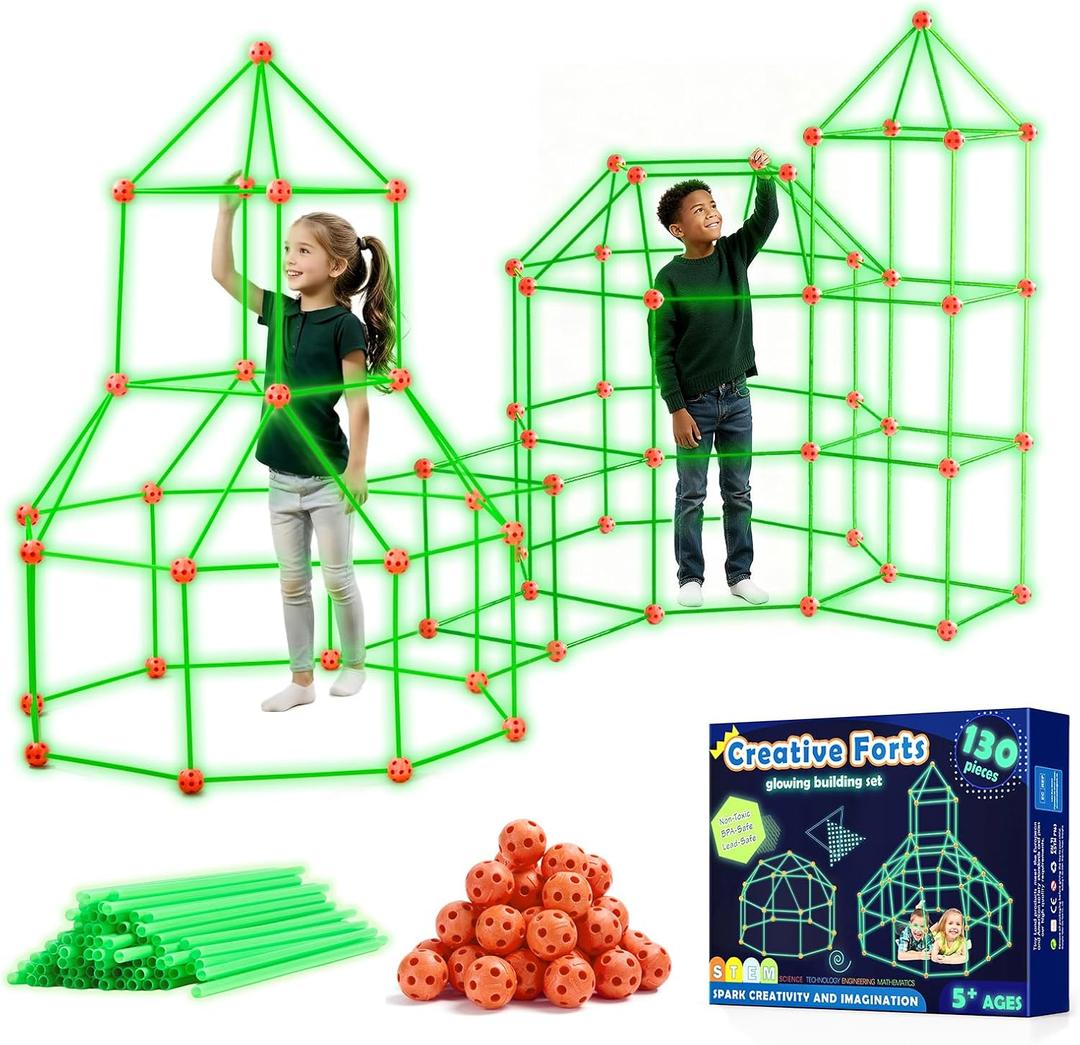 Tiny Land Glow Fort Building Kit for Kids Creative Fort Indoor & Outdoor Construction Toys with 86 Rods and 44 Balls for 5-12 Year Old Boys & Girls STEM Building Toy Gifts with Storage Bag