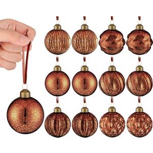 12 Pcs Vintage Mercury Glass Christmas Ball Ornaments 2.36 Inch Antique Embossed Ball Decorations Christmas Tree Hanging Decorations for Xmas Winter Holiday Decor Gifts(Brown)