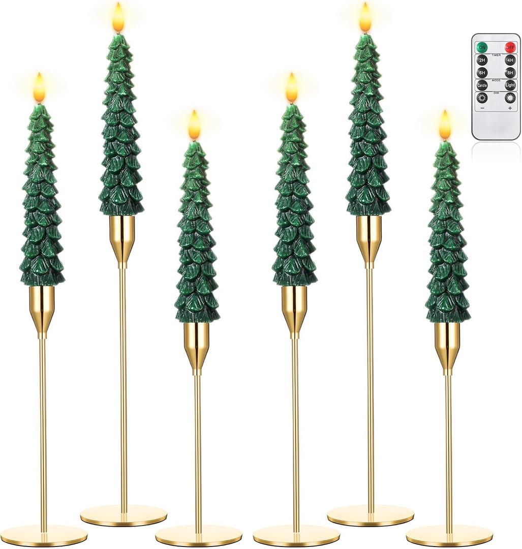 Honoson 6 Sets Flameless Christmas Tree Taper Candles with Holders Remote Control, LED Taper Candles AAA Battery Operated Flickering Candlesticks for Window Fireplace (Gold,Classic Style)