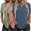 3 Pack Women's Henley T Shirts Curved Hem Crew Neck Short Sleeve Tops Button Loose Fit Summer Casual Blouse (Grass Green, Pink, Blue Gray), Large