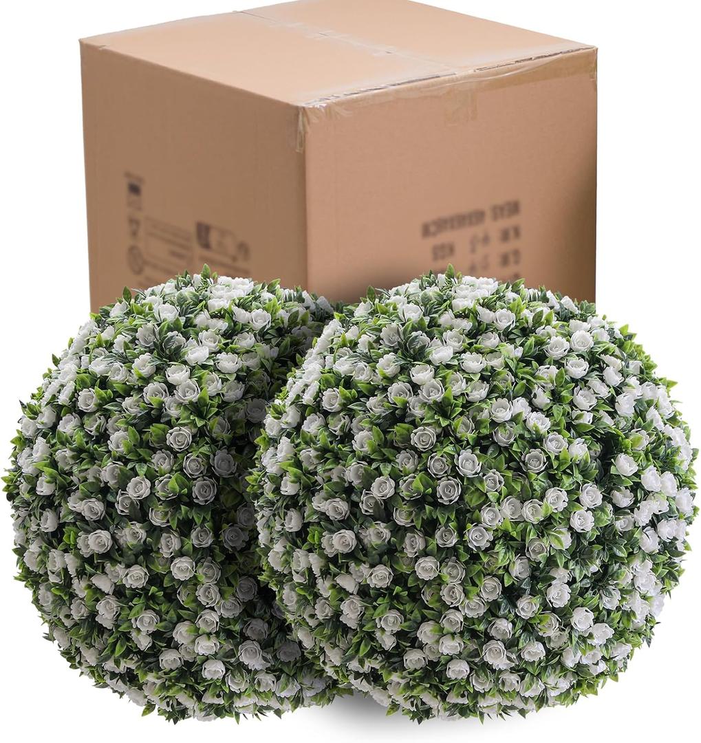 17" Artificial Topiary Flower Balls, 2 PCS Hanging Grass Ball for Home Wedding Decor, White Rose