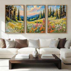 Anyzal Large Mountain Landscape Framed Wall Art 16x24 Inch Colorful Forest Floral Field Canvas Wall Decor Set of 3 for Living Room Bedroom Dining Room