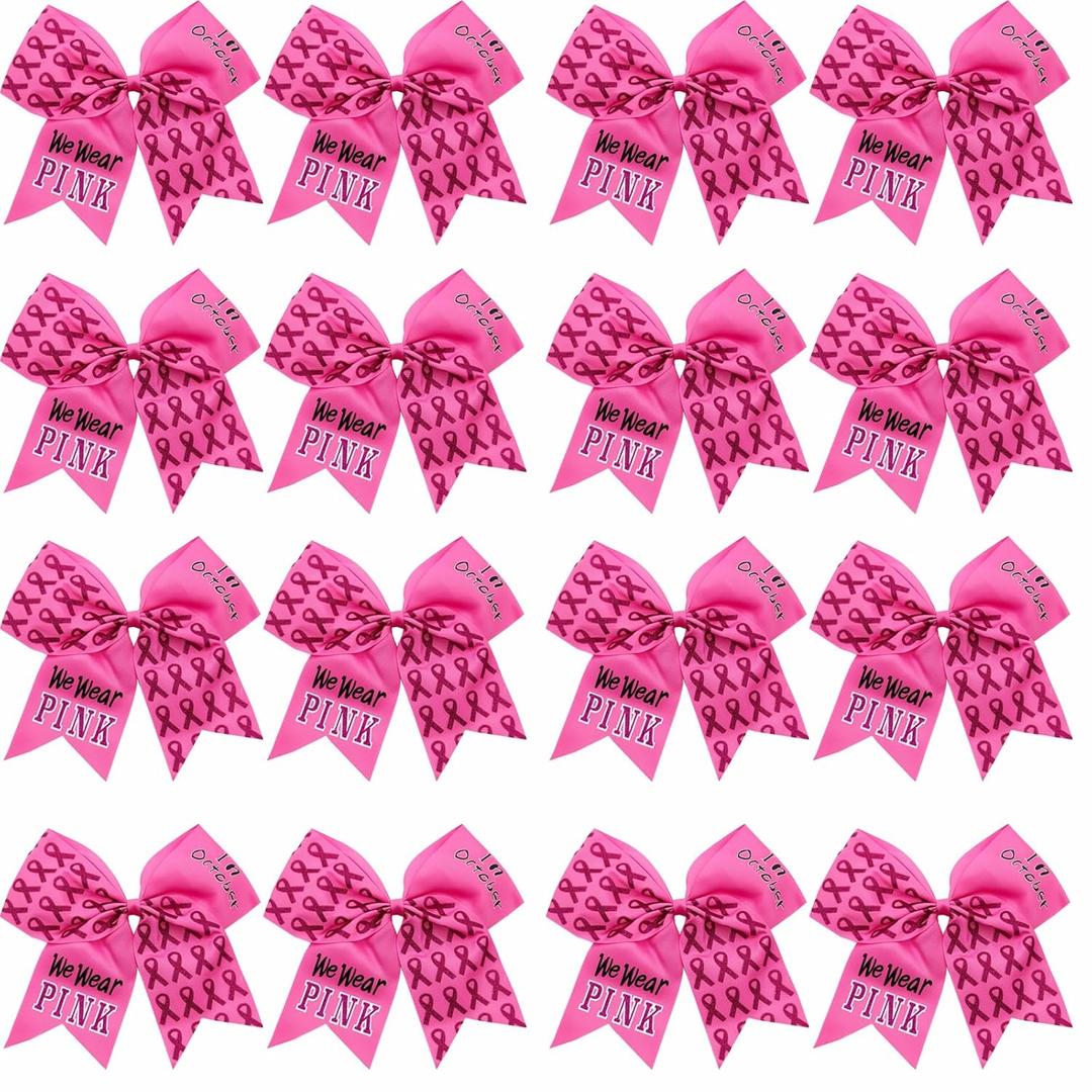 16 Pieces 7 Inch Breast Cancer Awareness Cheer Hair Bows Ponytail Holder Large Glitter Pink Ribbon Hair Bows Accessories Elastic Band Handmade for Teens Women