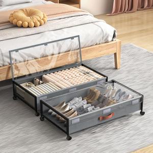 Under Bed Storage with Wheels, XXL Larger Under Bed Storage Containers with Clear Lids, 31'' Lengthen Underbed Shoe Organizer for Shoes Clothes(Grey 2 Pack, XXL(31"x16.6"x7.48"))