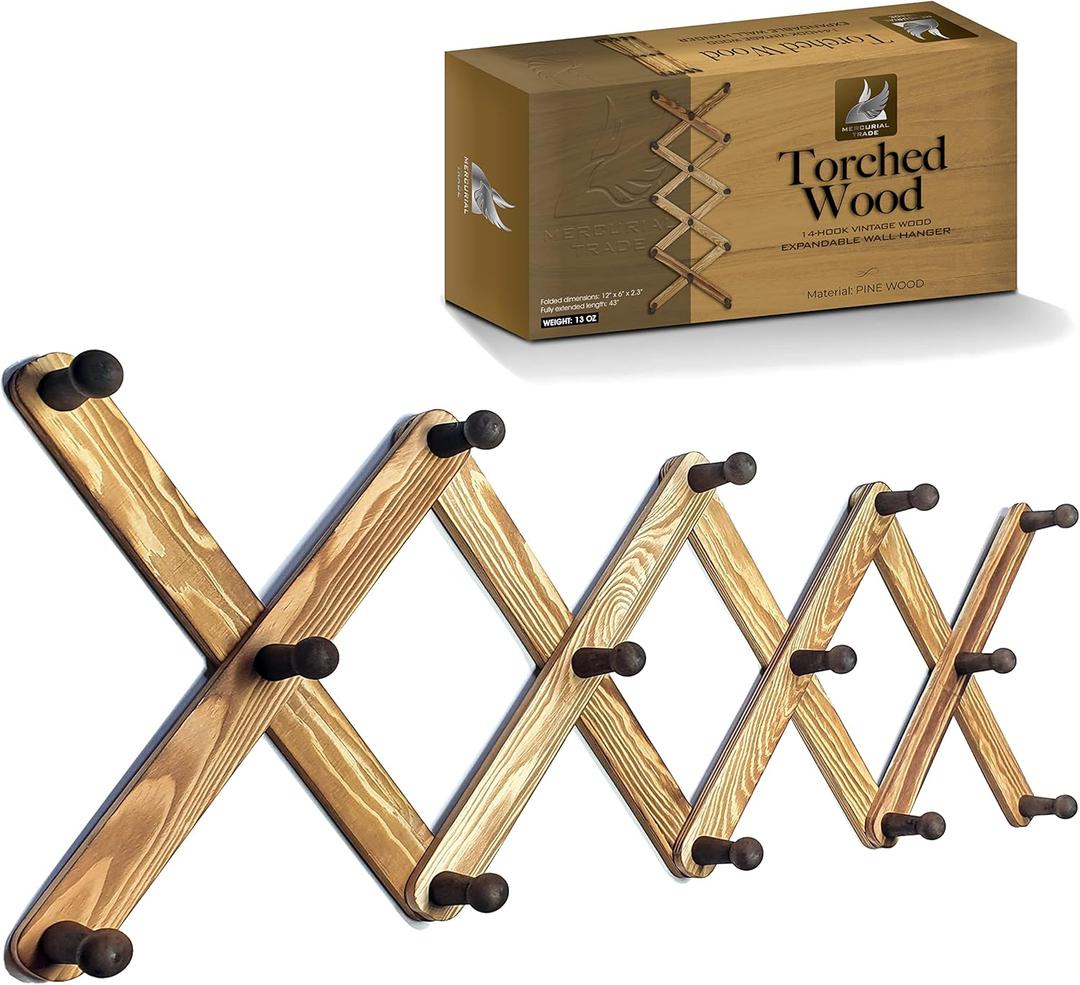 Expandable Wooden Coat Rack Hanger - Accordion Wall Hanger with Expanding Wall Pegs | Hand Made Vintage Wooden Hat Rack for Wall | Hang Coat, Jacket, Hat | Wall Rack  14 Hook, Torched Wood (14 Hooks, Torched Wood (Rustic Style))