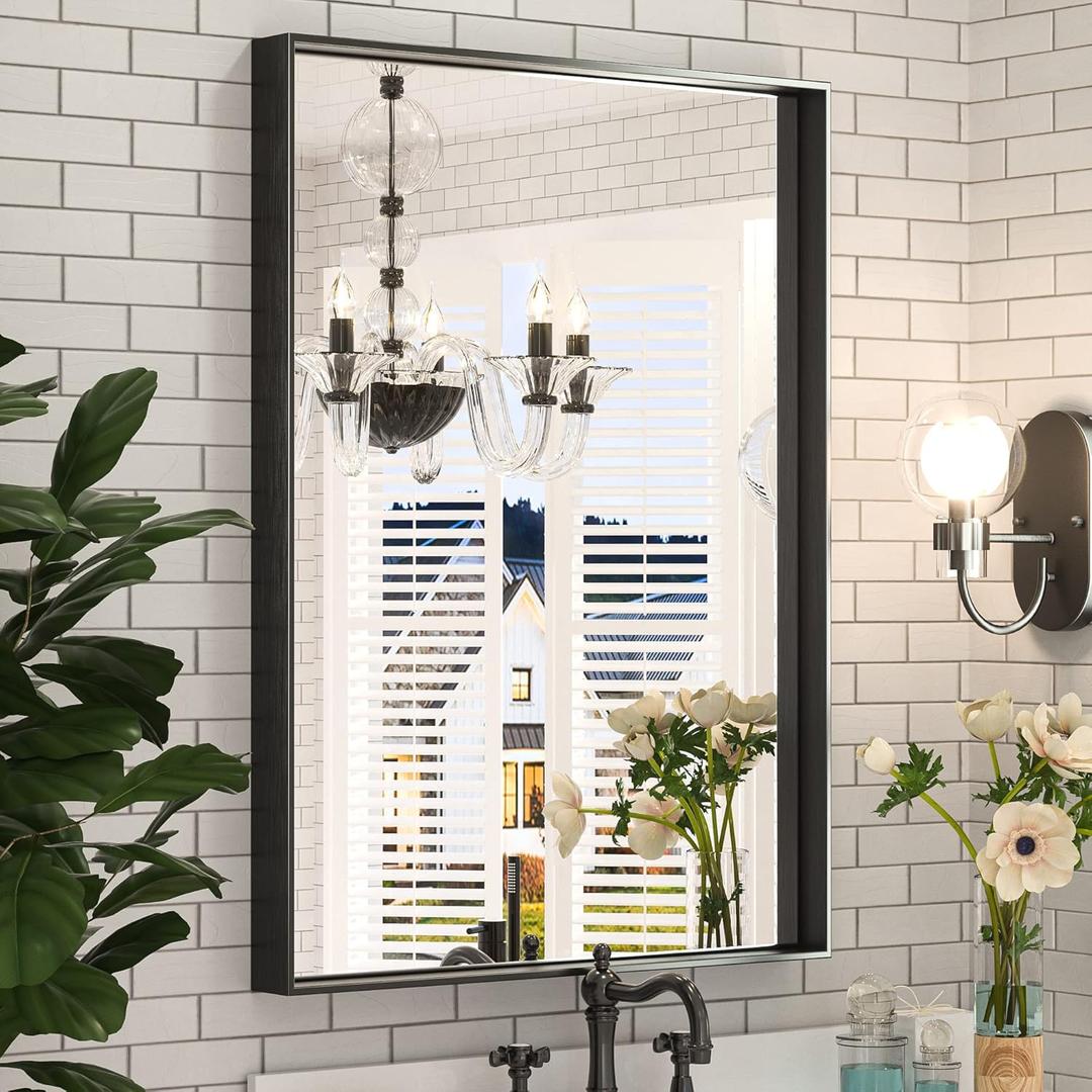 Keonjinn Black Bathroom Mirror 22 x 30 Inch, Brushed Black Framed Mirror for Over Sink, Rectangle Wall Vanity Mirrors with Square Corner, Aluminum Frame, Modern Farmhouse Style