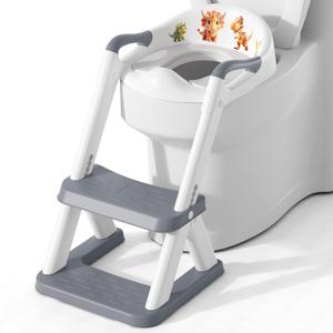 SKYROKU 8868 Potty Training Seat with Step Stool - Adjustable Height, Non-Slip, Splash-Proof, Foldable 2-in-1 Toddler Potty Seat with Armrests and Replaceable Cushion - Fits Most Toilets (Grey)