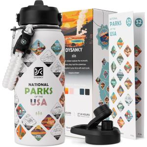 National Parks Water Bottle  32 oz Insulated Stainless Steel Water Jug with 63 Hand-Drawn Park Stickers, Outdoor Accessories & Gift Box  BPA-Free  Ideal for Hiking, Camping & Travel (White)