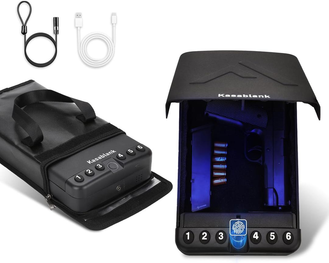 Premium Gun Safe Box with 3-in-1 Unlocking (Fingerprint/Password/Key) + Fireproof Waterproof Bag, Portable Handgun Safe for Home, Car, Travel Anti-Pry Steel Storage for Pistols Accessories