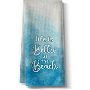 Kitchen Towels for Women- Funny Joked Life is Better at The Beach Saying Microfiber Bar Tea Towel, for Mom Friends Hostess New Home on Birthday Christmas-Blue 16" x 24"