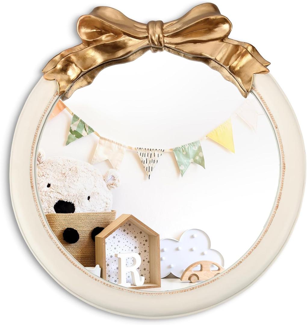 18 Inch Nursery Mirror, Bow Wall Mounted Mirror for Girl Princess Vintage Nursery Decor for Girls Bedroom