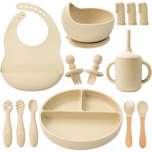 LITTLE RAWR Silicone Baby Feeding Set 14 Pcs,Baby Led Weaning Supplies, Baby Spoons Suction Bowl Divided Plate Bib Cup Finger Brush,First Stage Solid Food Eating Utensils - 6+ Months(Beige)