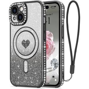 LAPOPNUT for iPhone 15 Magnetic Case [Compatible with MagSafe][Glitter Card & Wrist Strap],Girls Women Bling Sparkle Rhinestone Diamond Raised Lens Protection Cover for iPhone 15 6.1",Black