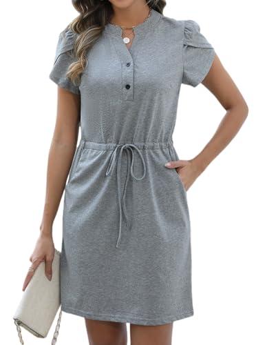 CiCiBird Women Summer Button V Neck Dress Casual Short Sleeve Mini Dresses Work Drawstring Waist Dress with Pockets Gray S