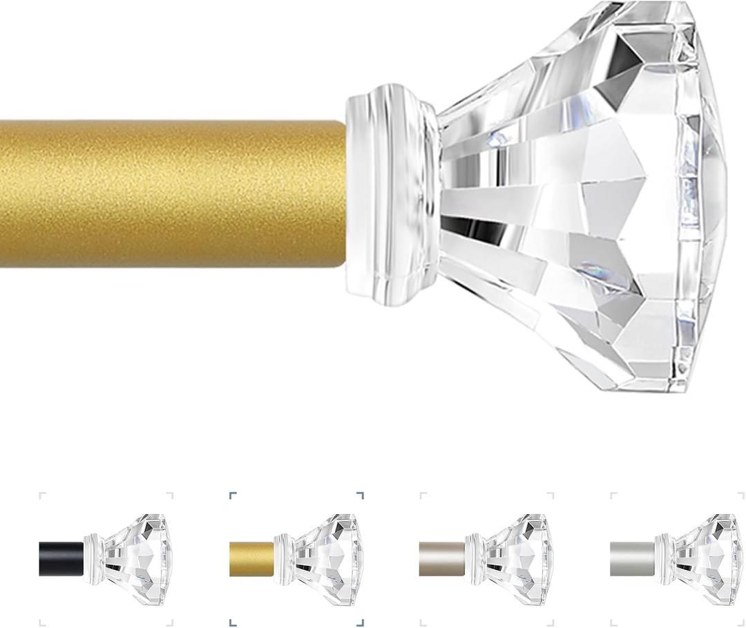 Gold Decorative Crystal Curtain Rods 18 to 45 Inch:Heavy Duty Adjustable Window Curtains Rods for Living Room Bedroom,Brass Gold Modern Girly Acrylic Drapery Rod with Clear Bling Diamond Finial