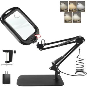 10X 30X Large Square Magnifying Glass with Light and Stand/Clamp, 60 LED Lighted Magnifier, Hands Free 360 Rotatable Desk Lamp for Close Work Reading Craft Hobby Painting Sewing