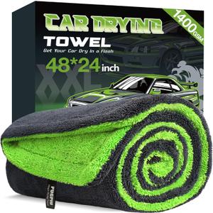 PUGPIU Microfiber Car Drying Towel Extra Large Super Absorbent 48"X24", 1400 GSM Flash Detail Car Wash Drying Towel Edgeless with Two Sided Soft Twisted-Loop, No Water Spots Streaks for Cars (Green)