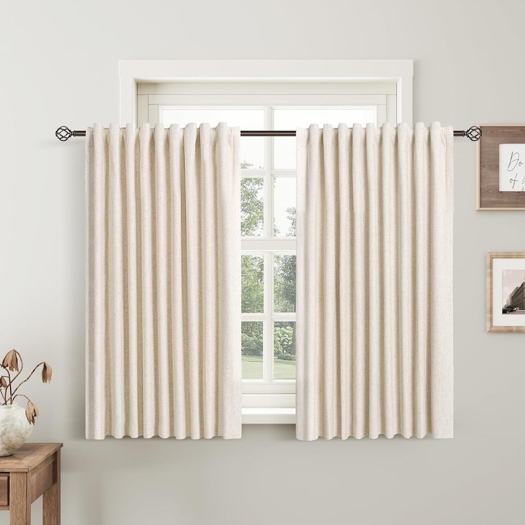Beige Linen Blackout Curtains for Bedroom 54 Inch Length 2 Panels Set Back Tab Pocket Neutral Farmhouse Living Room Darkening Curtains Track System Thermal Insulated Black Out Drapes 52x54