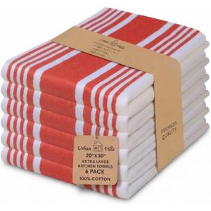 Urban Villa Kitchen Towels 100% Cotton Dish Towels for Kitchen (Set of 6) 20x30 Dish Cloths Highly Absorbent Kitchen Linen Set with Hanging Loop Perfect for Drying Dishes Cleaning Towels-Red White