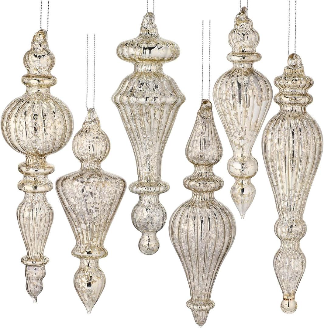 6 Pcs Crystal Glass Finial Christmas Ornaments Large Hanging Christmas Finials Hanging Christmas Tree Decorations for Xmas Tree Decoration Holiday Decor (Silver)
