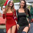 LAGSHIAN Women's Sexy Bodycon Cocktail Square Neck Long Sleeve High Split Ruched Midi Party Dress (Black)