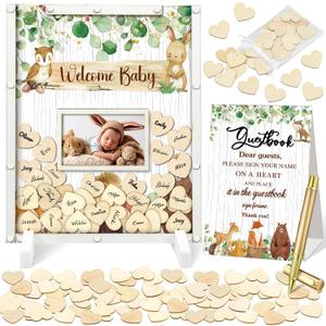 65 Pcs Woodland Baby Shower Guest Book Alternatives He or She Gender Reveal Baby Shower Decorations Animal Sign in Guest Book with Picture Frame and 60 Wooden Chip (Green)