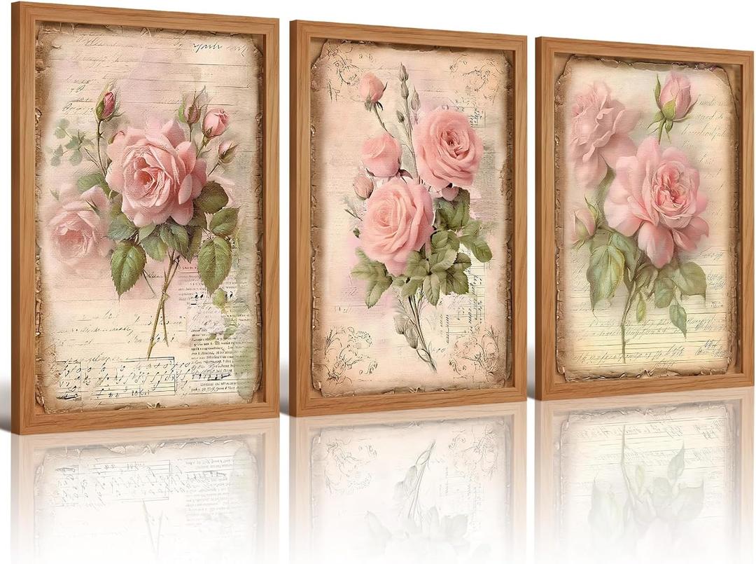 EEYNAQQ Vintage Pink Rose Wall Art, 3-Piece Wood Framed Floral Canvas Painting, Retro Botanical Wall Decor for Living Room Bedroom kitchen, 16x24 Inches Ready to Hang