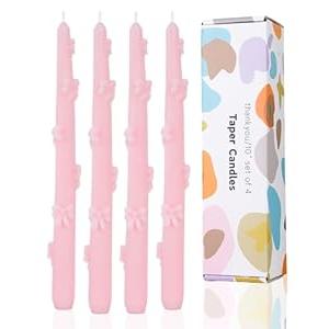 LPUSA Taper Candle Pink Candlestick Bow Soy Candles Unscented Wedding Party Wax Unscented Dinner Candle Dripless, 10 inch, Set of 4, J1