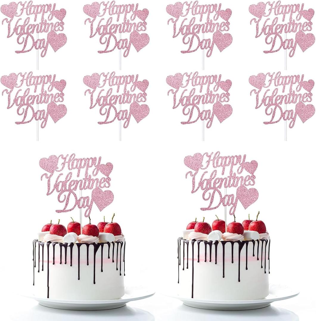 Happy Valentine's Day Cake Toppers 20Pcs Red Glitter Heart Cupcake Topper for Valentine's Day Wedding Anniversary Birthday Party Cake Decoration, Pink