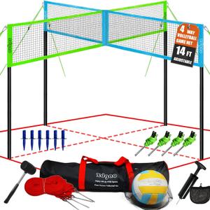 Zdgao 14 ft/20 ft 4-Way Volleyball and Badminton Combo Net with Soft Volleyball, Rubber Hammer and Carry Bag, Adjustable Height Four Square Volleyball Game Set for Backyard and Beach (14FT BLUE & GREEN)