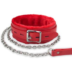 Gothic Leather Choker Collar, PU Leather Fur Lined Pet Collars Necklace with Long and Durable Detachable Leash Chain Pet Collars, Red