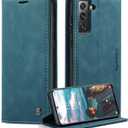 for Samsung Galaxy S21 FE Case, Flip Wallet Leather Case with Card Holder Magnetic Closure Shockproof Kickstand Protective Phone Cases Cover for Samsung S21 FE, Blue-Green