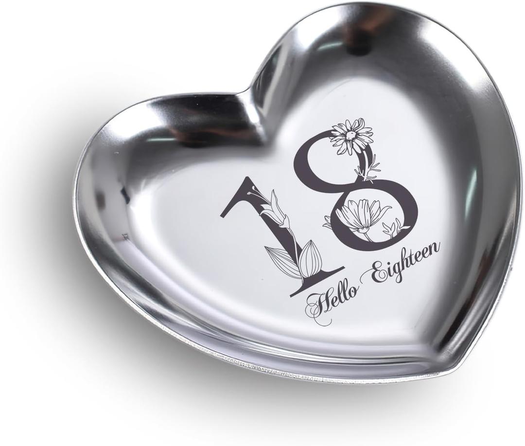 Hello 18 Birthday Stainless Steel Jewelry Tray Gifts Laser Engraved Heart Shape Dish Personalized 18th Birthday Gifts for Daughter Sister Granddaughter Niece Friend