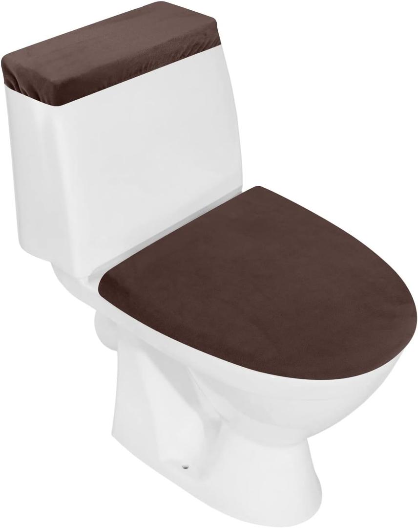 Stretch Velvet Toilet Lid Cover and Toilet Tank Lid Cover, Bathroom Super Soft Toilet Lid Cover Set Luxury Velvet Plush, with Elastic Bottom, Machine Wash, Coffee