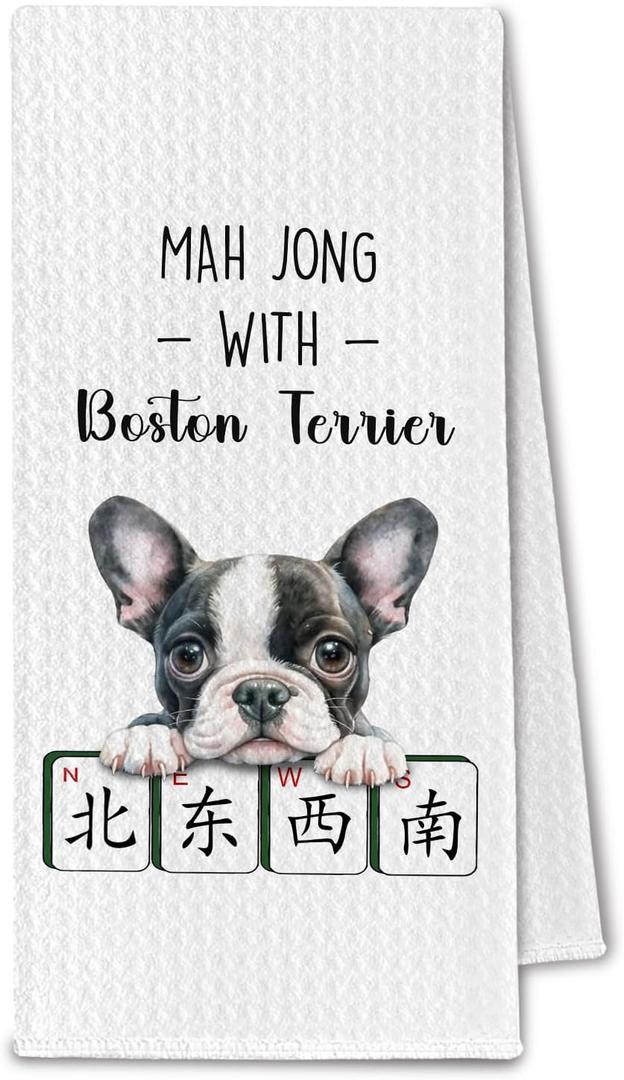 Boston Terrier Mahjong Kitchen Towels, Boston Terrier Dog Lovers Gifts for Women & Men, Mahjong Mah Jong Dog Hand Dish Tea Towels for Kitchen Bathroom Decorative, 16x24 Inch