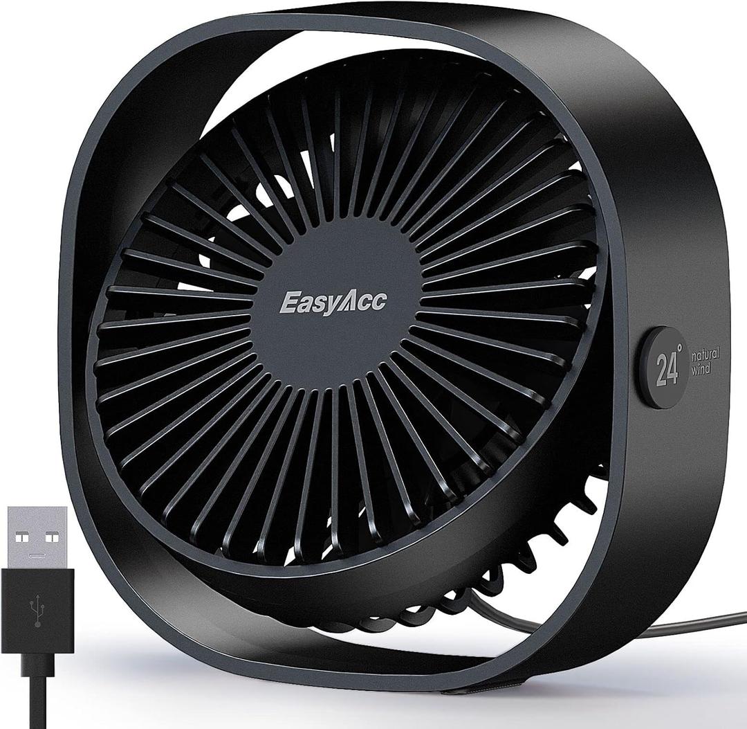 EasyAcc USB Small Desk Fan, Slumber Pod Fan [360Rotatable Head &Powerful ] 3 Speeds Portable Personal Table Travel Fan for Sleeping Desk Cruise Ship Dorm Bedroom Office Office (No Battery) (Black)