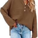 Saodimallsu Womens V Neck Oversized Sweaters Batwing Long Sleeve Button Up Henley Tops Pullover Loose Chunky Knit Jumper Small