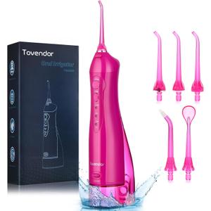 TOVENDOR Electric Water Dental Flosser Teeth Pick, Cordless Flossers Oral Irrigator IPX7 Waterproof 300ML Rechargeable Travel Water Teeth Cleaner with 5 Tips for Home Braces Care Gums Deep Cleaning (Rose Red)