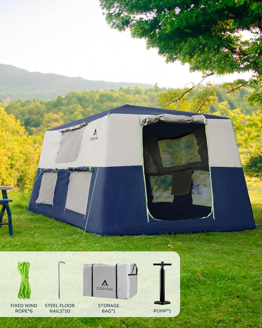 14.1'x6.5'x9' Inflatable Tents for Camping, Portable 6/8/10 Person Blow Up Air Tent, Waterproof Windproof Easy Setup Large Family Tent with 2 Doors, 6 Windows, Mosquito Screen (Navy Blue)
