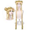 LABEAUT Long Curly Blonde Ponytails Wig with Buns for Women Girls Cosplay Costume Anime Blonde Pigtails Wig with Bangs + Cap (Flax Golden)
