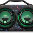 iLive Electronics IBB503GEO Portable Bluetooth Boombox with FM Radio and 2 Microphone Inputs, Color Changing LED Lights, Carry Strap, Black with Geometric Pattern