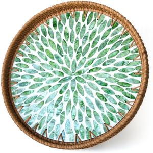 Round Rattan Tray with Mother of Pearl Inlay, Wicker Serving Tray Mother for Decor, Rattan Round Wicker Coffee Table Tray for Coffe Friut Bread, Green Leaf